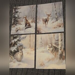 Super Pretty Set of Winter Wildlife Art Prints X4. Has Shimer To Them. 10x8.